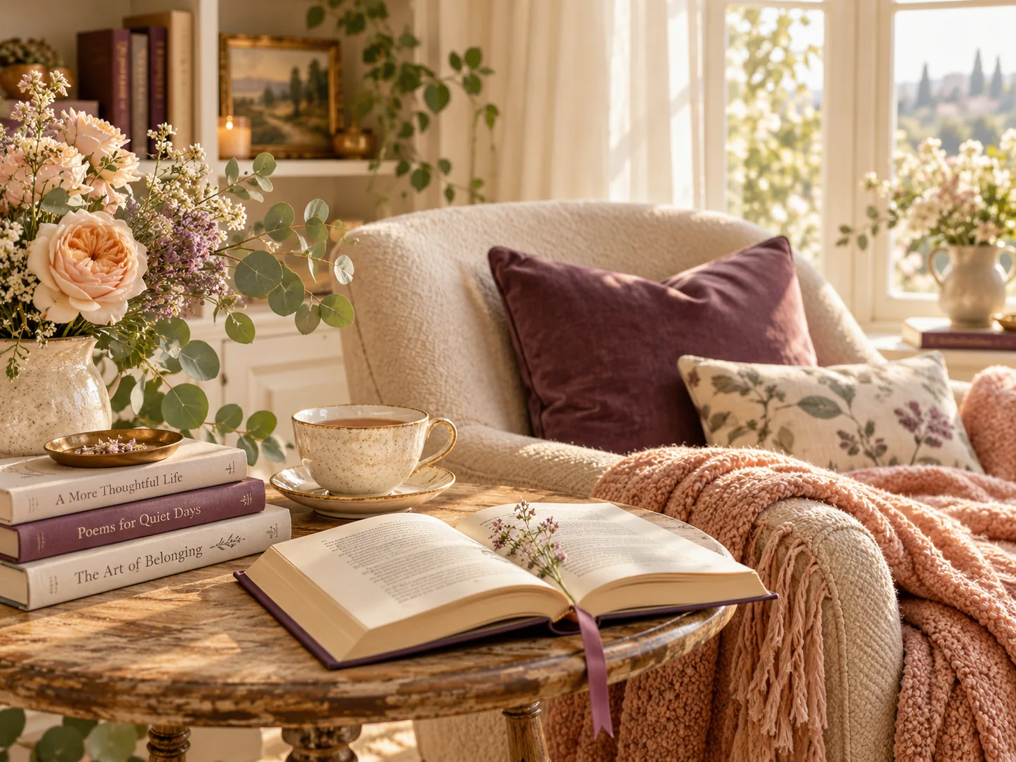 Warm reading corner with books and flowers