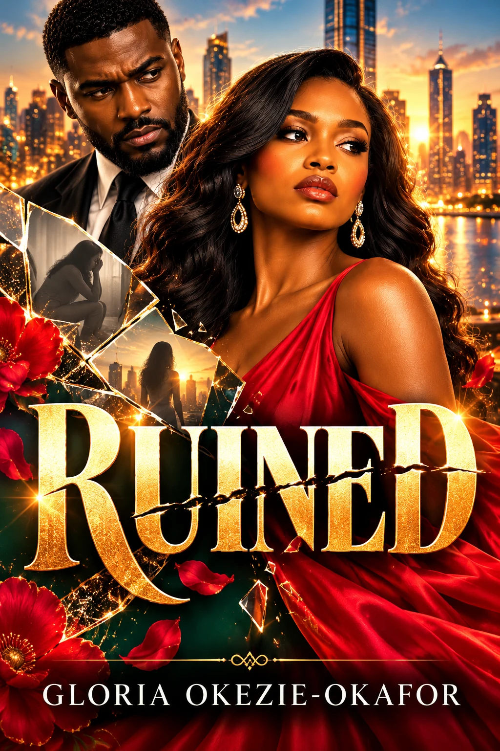 New Ruined cover featuring a woman and man with glowing gold title