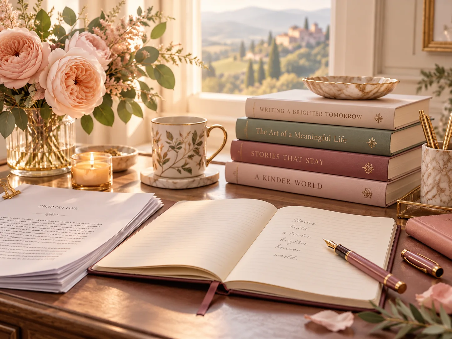 Sunlit writing desk with books and manuscripts